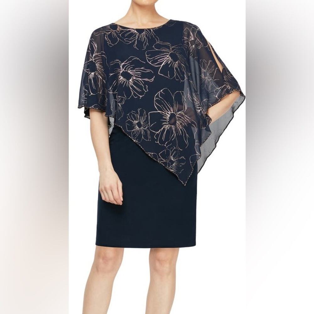 SL Fashions Foil Floral Print Asymmetrical Overlay Cocktail Dress Women’s Sz 14W